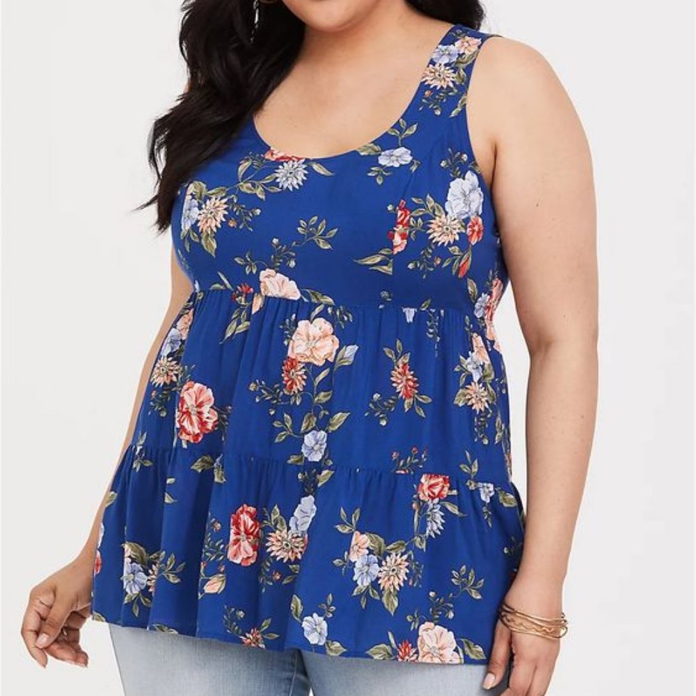 Torrid - BLUE FLORAL CHALLIS LATTICE TUNIC